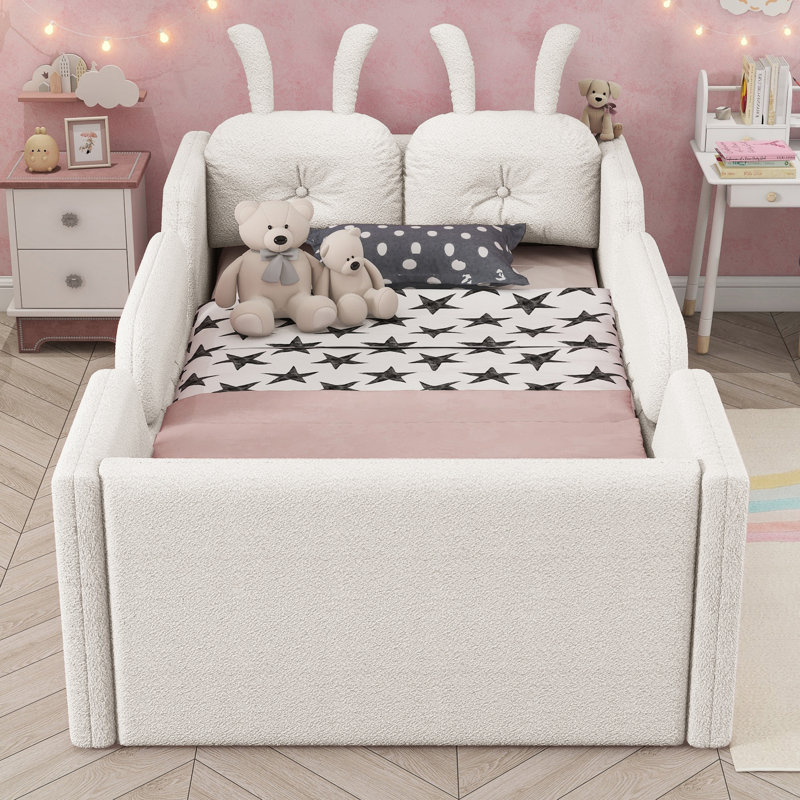 Lit simple tapissier blanc pour lit simple avec 2 coussins en lapin, matelas d'une hauteur de 21 pouces et 8 pouces, traverses latérales amovibles, revêtement doux, pas de sommier tapissier requis, facile à assembler