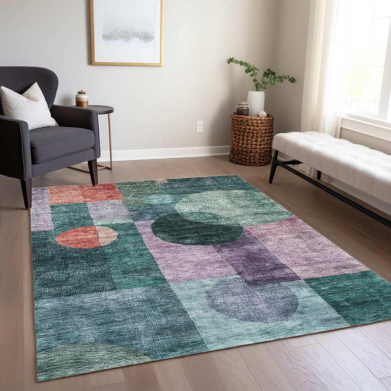 Green Geometric Flat Woven Synthetic Washable Rug 3' x 5'