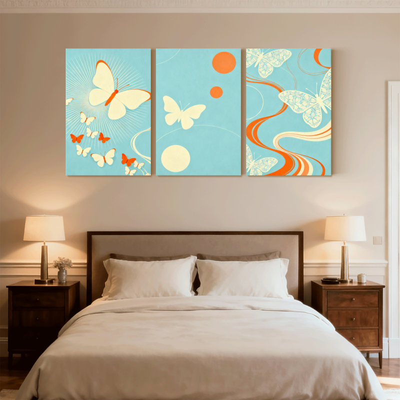 Motif de papillon abstrait avec accents orange et blancs, ensemble de 3 impressions sur toile, H 18 po x l 36 po