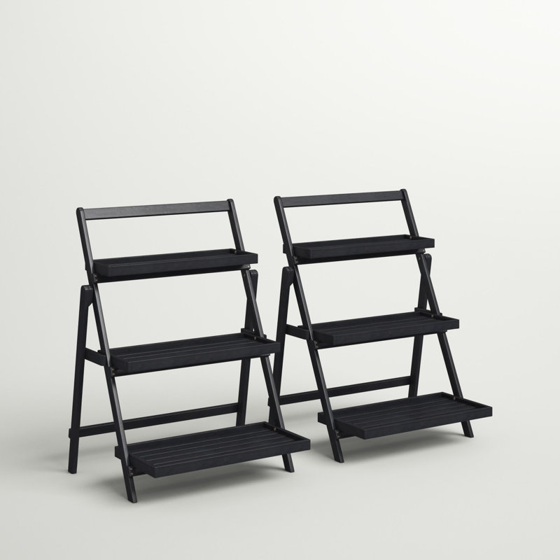 Set of 2 Dark Gray Acacia Wood Foldable Plant Stands