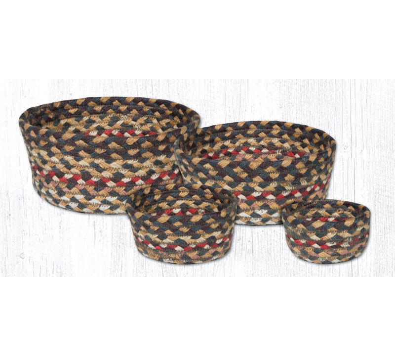 Earth Rugs Round Jute Casserole Baskets – Rustic Serving, 9"x9", Set of 4, Light & Dark Blue/Mustard