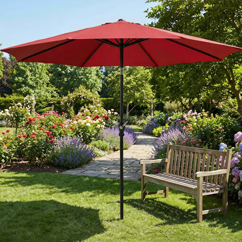  9FT Outdoor Patio Umbrella with Push Button Tilt & Crank, 8 Sturdy Ribs UV Protection Waterproof for Garden, Backyard, Red