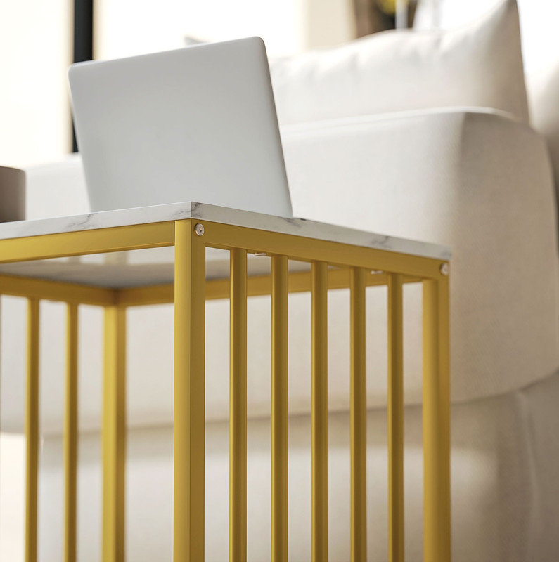 Gold Tone Nesting Table Set, Marble Effect Surfaces, Stylish Stackable Side & Coffee Tables for Home Decor