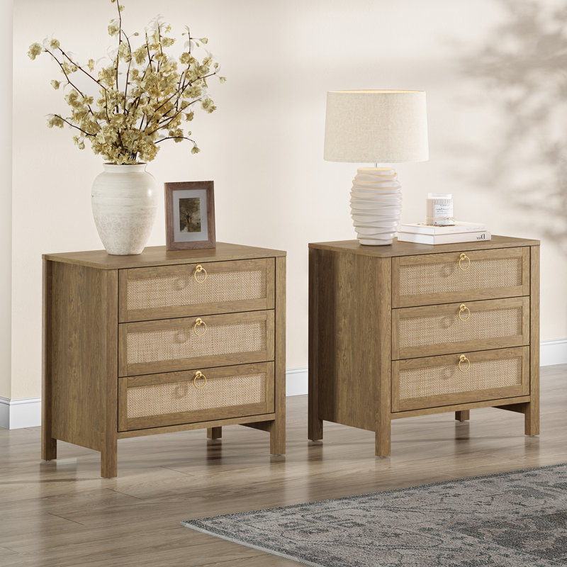 Pomodoro Boho-Inspired Rattan Nightstand With 3-Drawer, Cherry