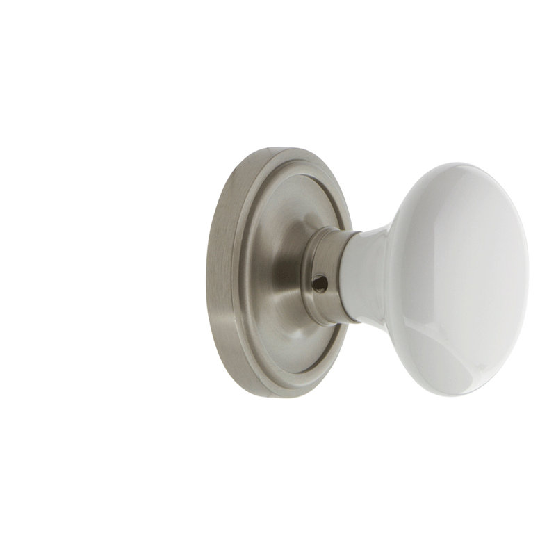 Rosette classique avec bouton de porte en porcelaine blanche, Nickel satiné