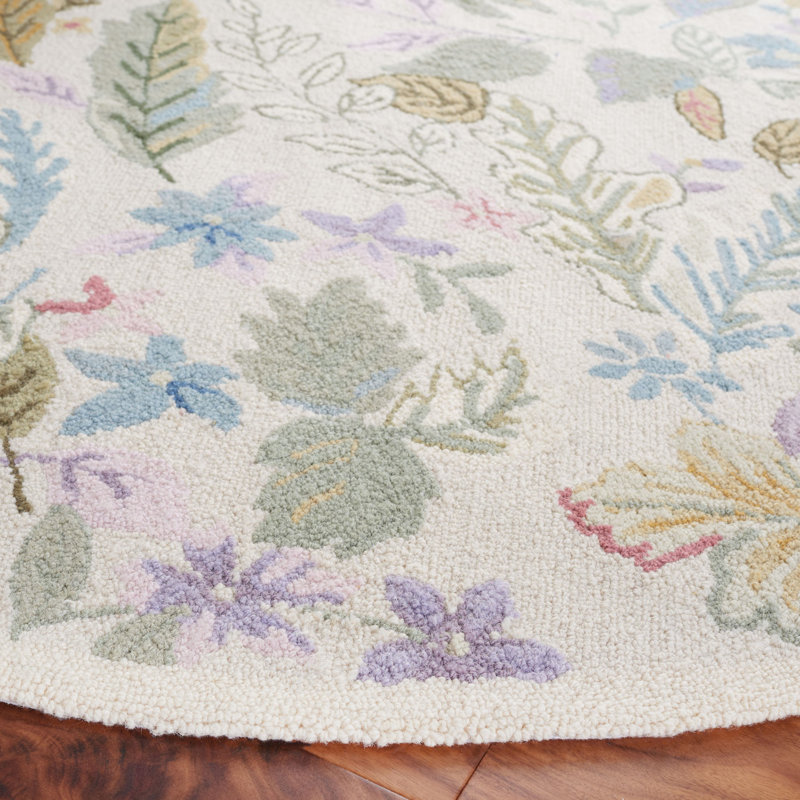 Hogle Hand Hooked Wool Pile Floral Rug, Round 6'