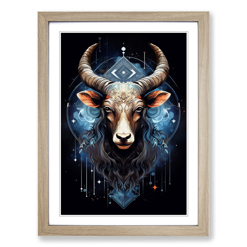 XYZ-FRM-V1223-1608 Taurus Zodiac Geometric - Single Picture Frame Print on Wood, 34cm H x 25cm W x 2cm D, Oak
