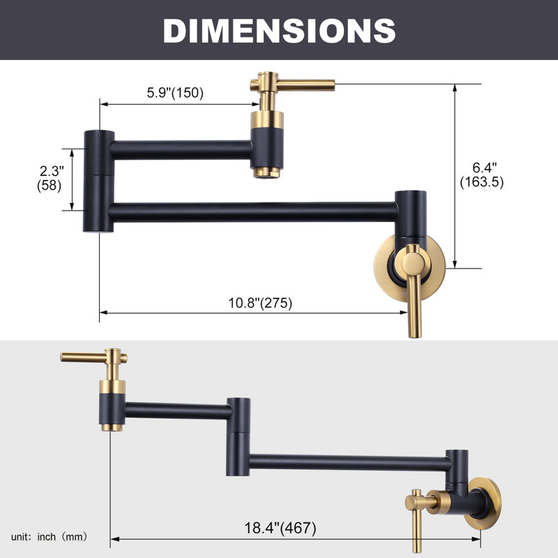 Brass Wall Mounted Two-Handle Pot Filler Kitchen Faucet with Double Joint Swing Arm, Oil Rubbed Bronze/Gold