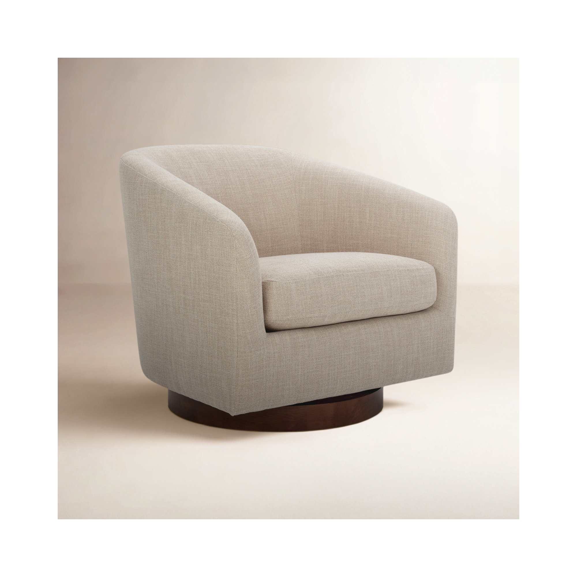 Bennett Upholstered Swivel Barrel Chair, Effie Flax Performance Linen