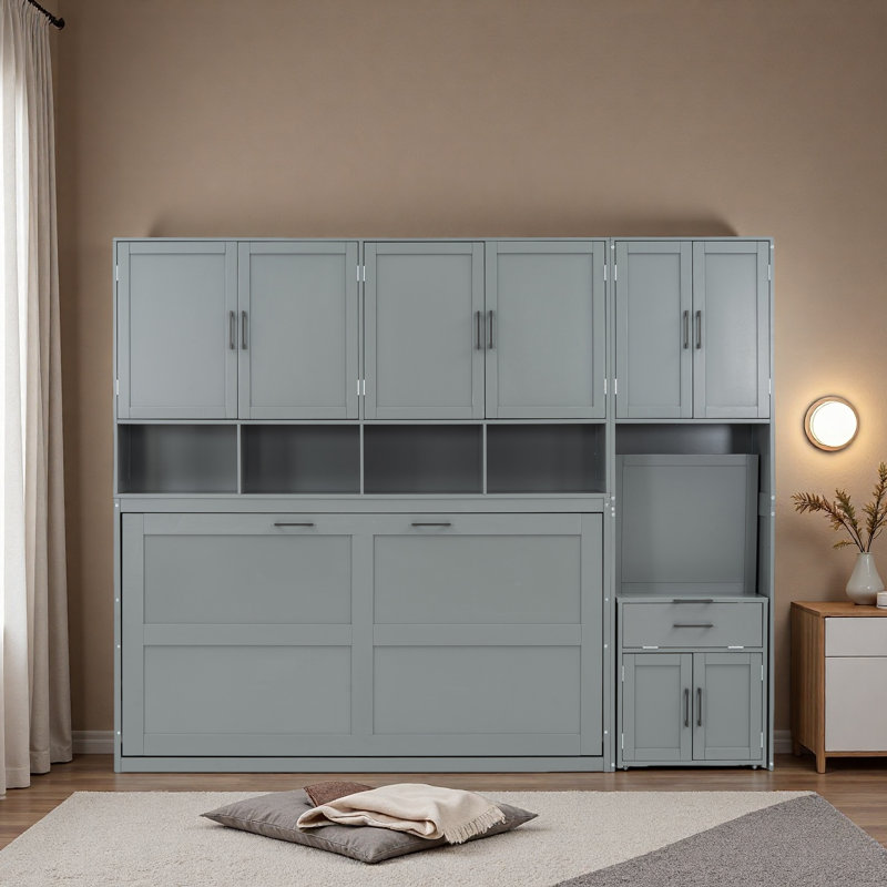 Lit escamotable simple avec placard, tiroirs et bureau, Gris