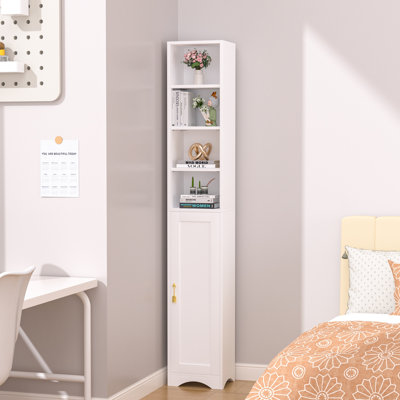 Melgarejo 71" Tall Narrow Bookcase With Doors Storage, Minimalist Corner Bookcase With Storage Cabinet, Free Standing Cube Media Tower Rack For Small Spaces
