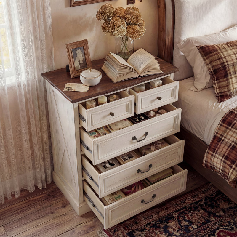 Armoire de chevet élégante avec 5 tiroirs et finition grain de bois Auserine, Beige