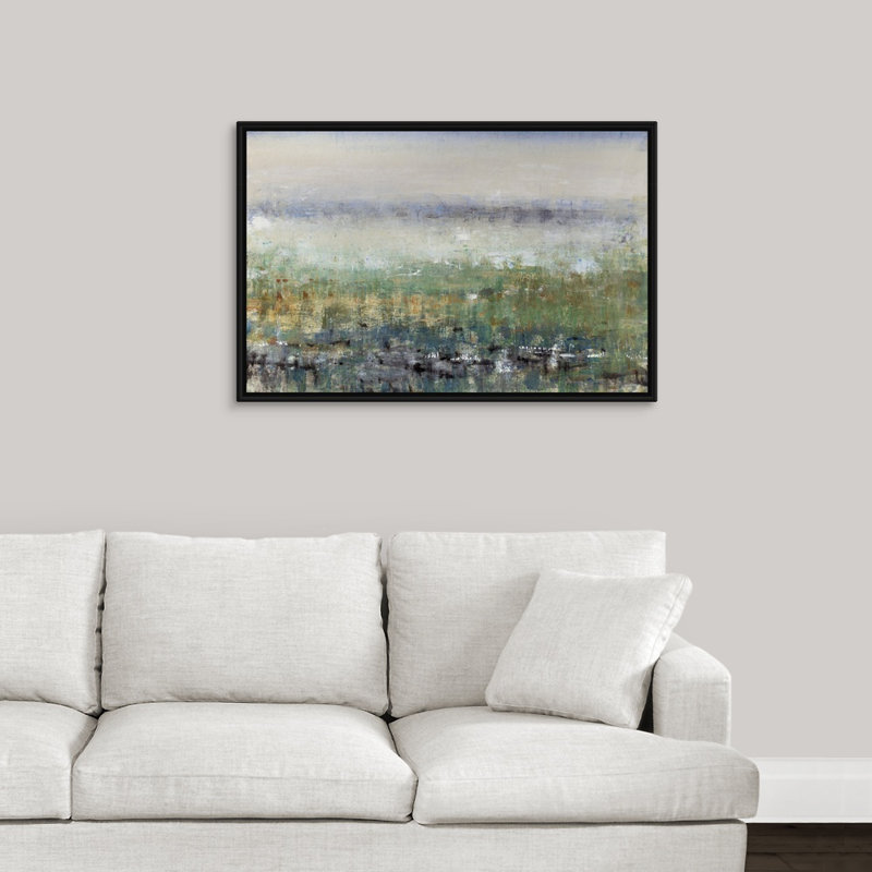 «Mist in the Field», peinture sur toile, H 25,7 po x l 37,7 po x p 1,75 po, Cadre flottant noir