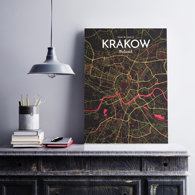 «Krakow City Map», impression de luxe, H 27,6 po x l 19,7 po, Noir / rouge / jaune