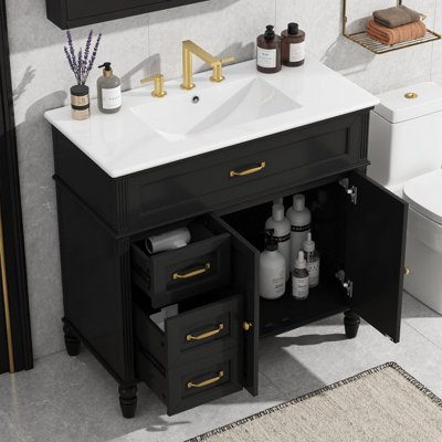 Meuble-lavabo de 36 po avec lavabo, structure en bois d'acacia massif et armoire en panneau de fibres à densité moyenne, 2 tiroirs à fermeture en douceur, armoire à deux portes, plateau en céramique, conception rétro avec poignées dorées pour les salles de bain de taille moyenne