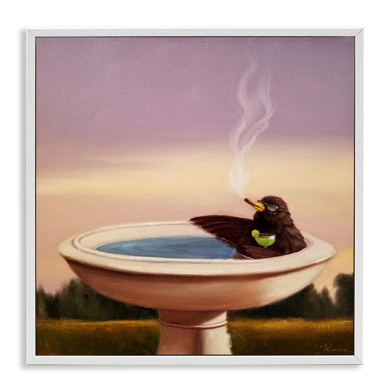 Bain d'oiseaux avec cocktail humoristique, art giclée par Lucia Heffernan, H 24 po x l 24 po