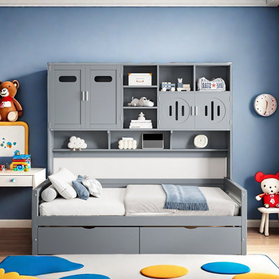 All-in-one Wooden Daybed With 2 Drawers, Cabinets And Shelves by Red Barrel Studio