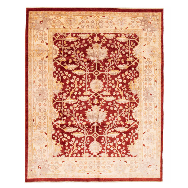 Tapis rouge foncé en laine noué à la main de conception unique 8 pi 1 po x 10 pi 1 po New Age