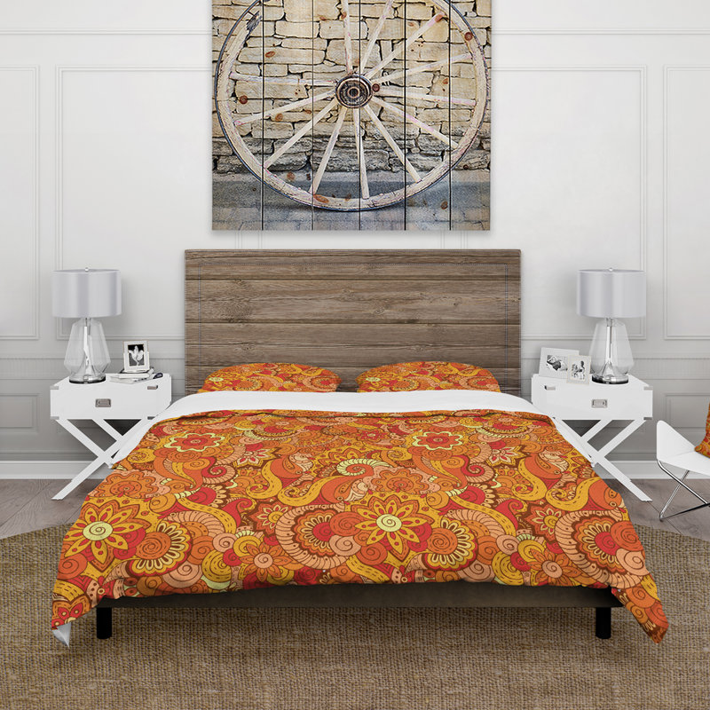 Ensemble de housse de couette bohémien Retro Orange Asian Waves - Microfibre polyester