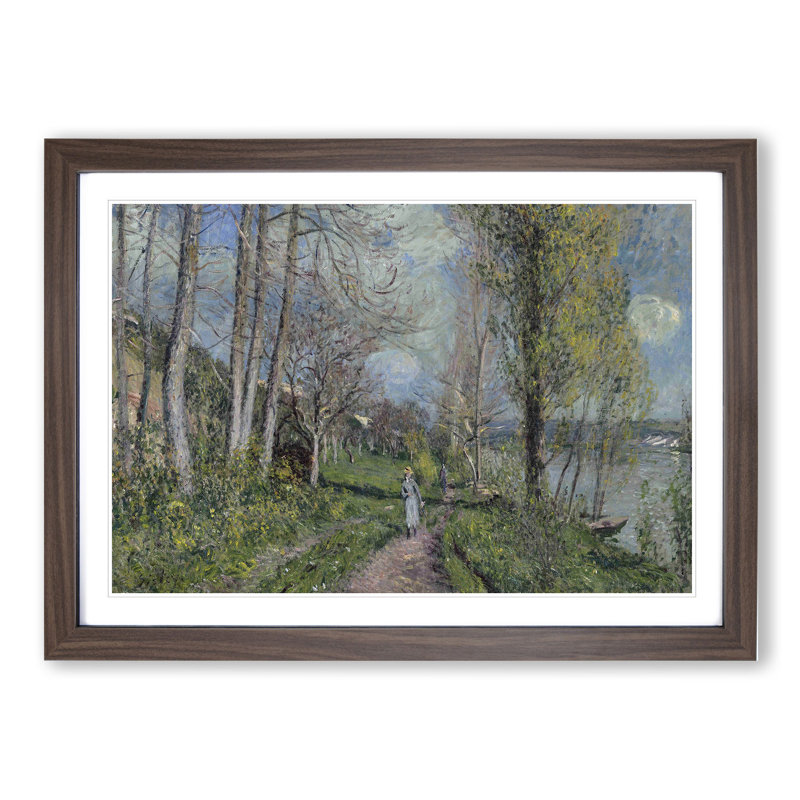 Banks of the River Seine by Alfred Sisley - Picture Frame Painting, Walnut Framed, 27cm H x 36cm W x 2cm D