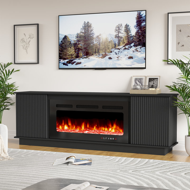  70" Tv Stand With 36" Electric Fireplace For Tvs Up To 80", Modern Fluted Media Console With Led Flame Heater, Entertainment Center With Fireplace For Living Room, Black
