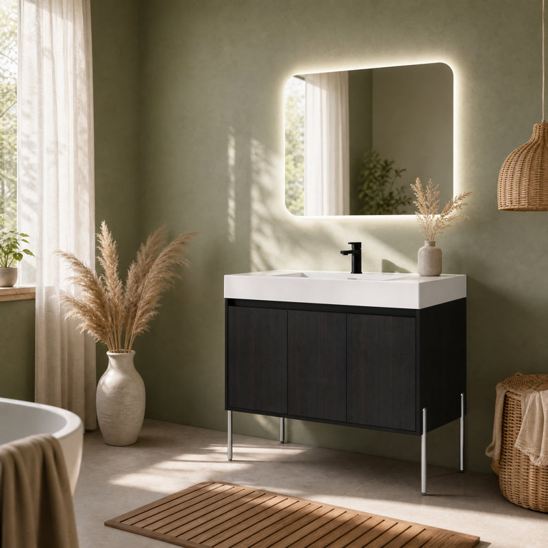 Meuble-lavabo autoportant de 48 po avec lavabo en résine, 3 portes à fermeture en douceur, armoire de rangement en contreplaqué chêne foncé pour la salle de bain, chambre principale