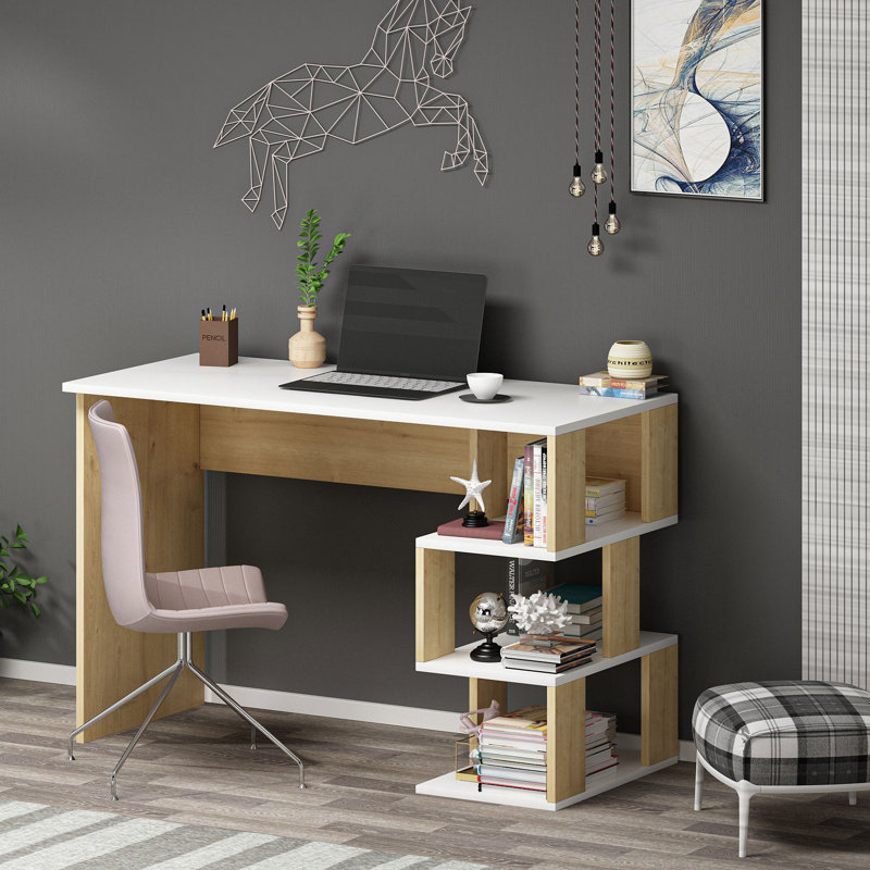 Bureau d'étude moderne avec de nombreuses tablettes, blanc et chêne saphir, panneau de particules recouvert de mélamine à 100%, épaisseur: 0,7 pouce | Conception élégante et fonctionnelle pour les bureaux à domicile et les espaces d'étude