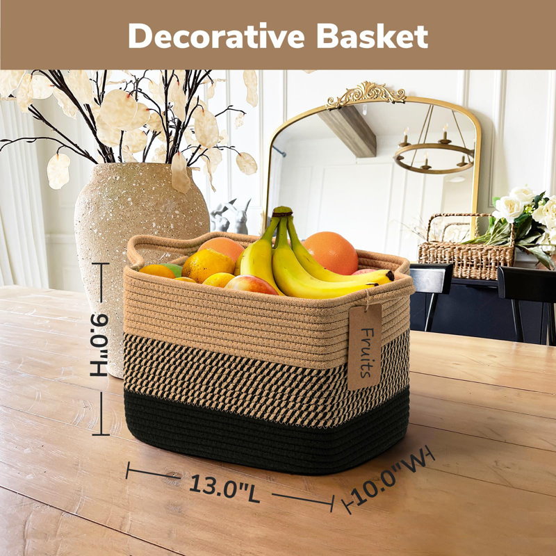 Beachcrest Home Maleah Cotton Decorative Basket, Black Jute