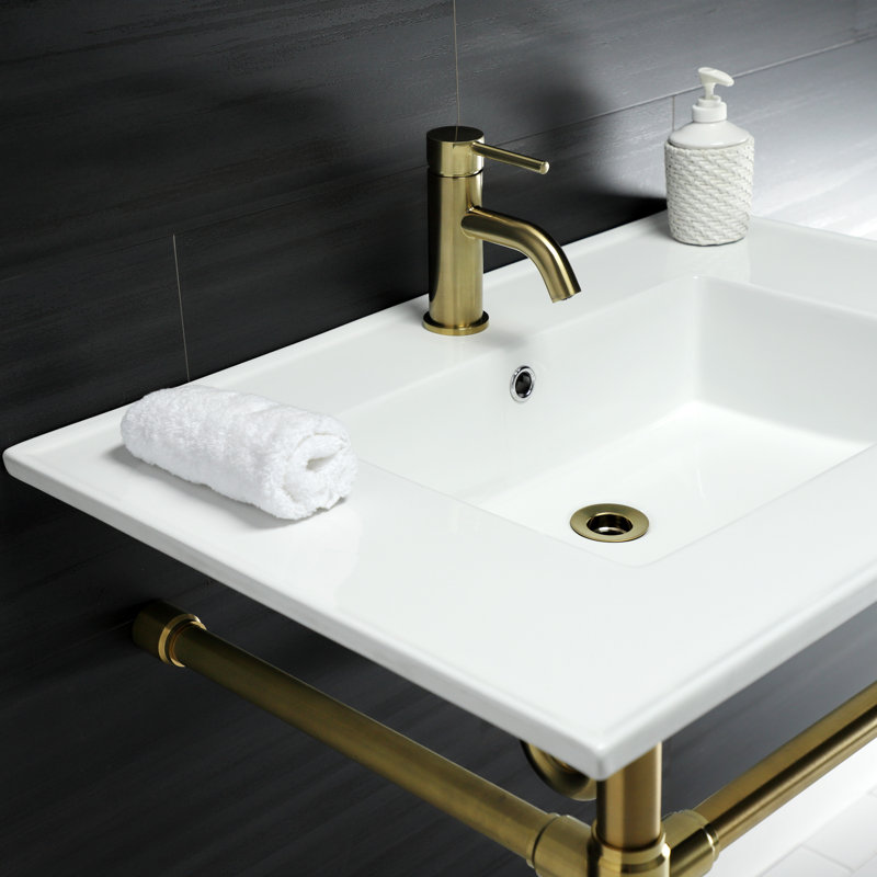 Lavabo de salle de bain console en céramique avec trop-plein, Laiton brossé, Simple