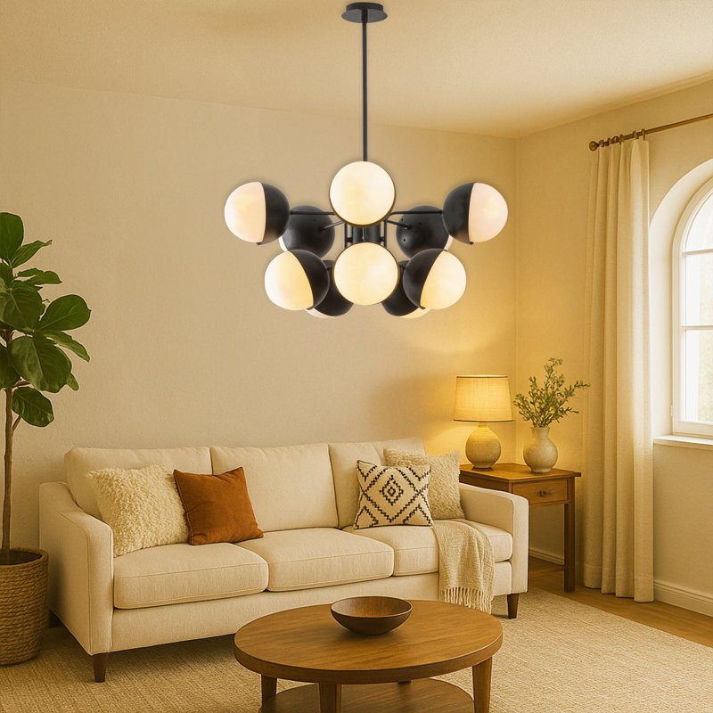 Lustre spoutnik en métal, 10 lumières, H 29,5 po x l 26,8 po x P 26,8 po, Noir / blanc