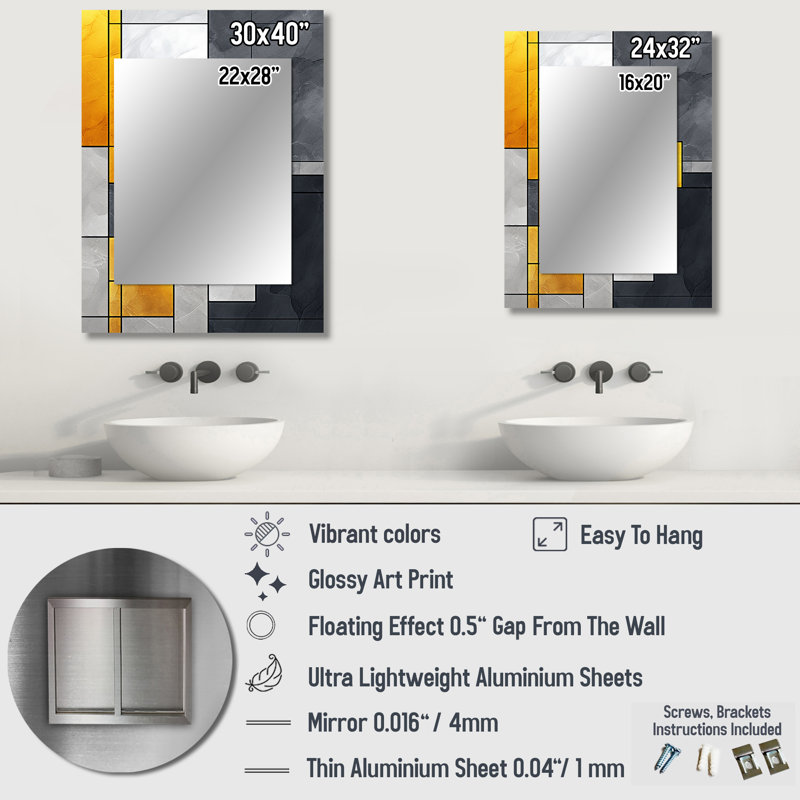Yellow and Grey geometric fusion 1 - Geometric Mirror, Yellow Decorative Wall Mirror, Printed Metal Art, 40" x 30"