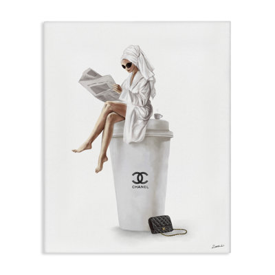 Chic Fashion Coffee and Purse Female Robe Pose Oversized Stretched Canvas Wall Art by Ziwei Li
