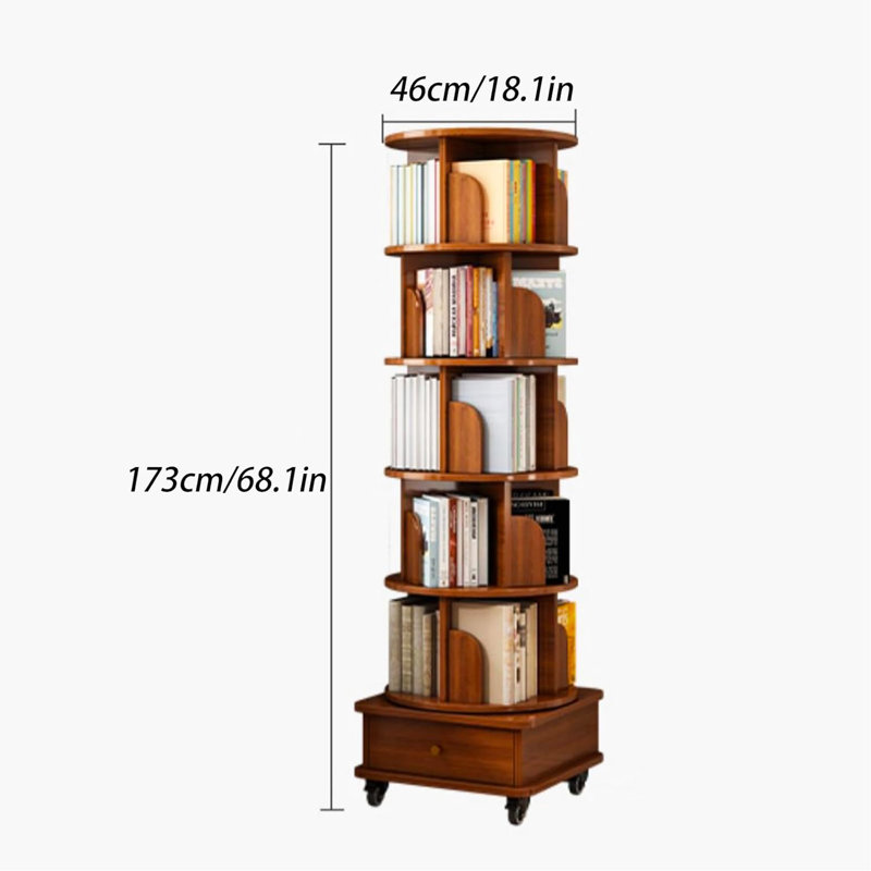 68.1'' H 5 Tier Rotating Rolling Bookcase with 1 Drawer, Walnut