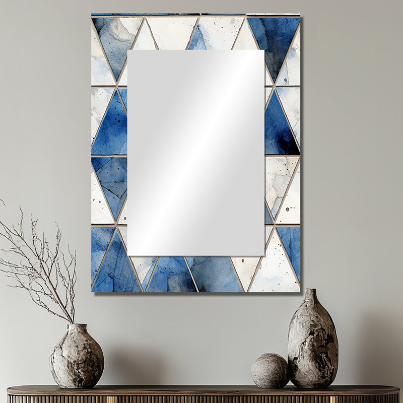 Agapi Rustic Cobalt Triangle Symphony - Geometric  Unique Mirror, Modern Large Wall Mirror, Printed Metal Art, 32" x 24"