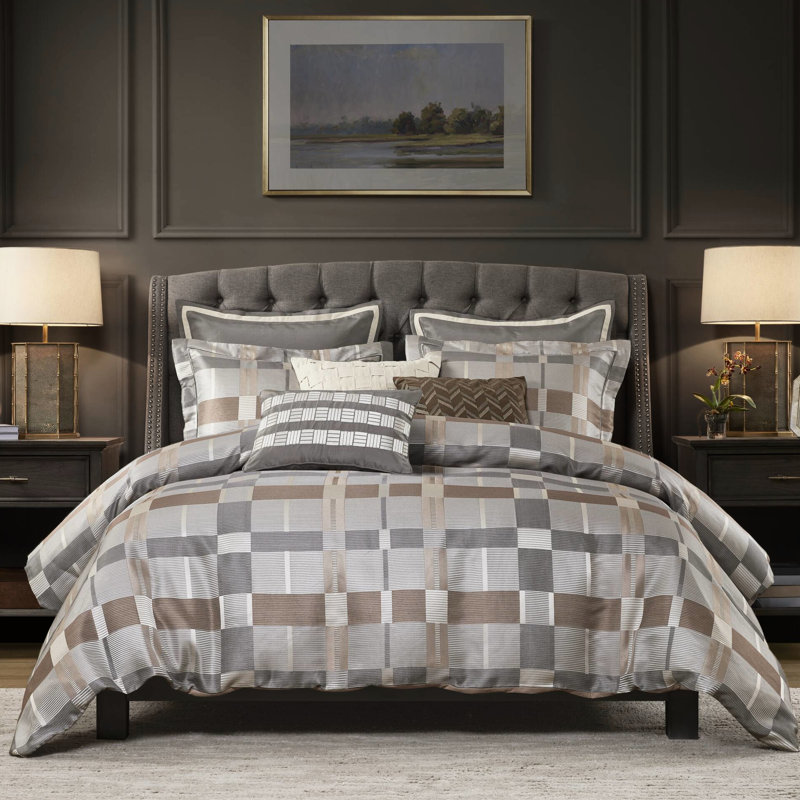 Édredon pour grand lit de 8 pièces en taupe, géométrique multicolore, damier classique, literie de luxe, bourré pour une chaleur toute l'année confortable