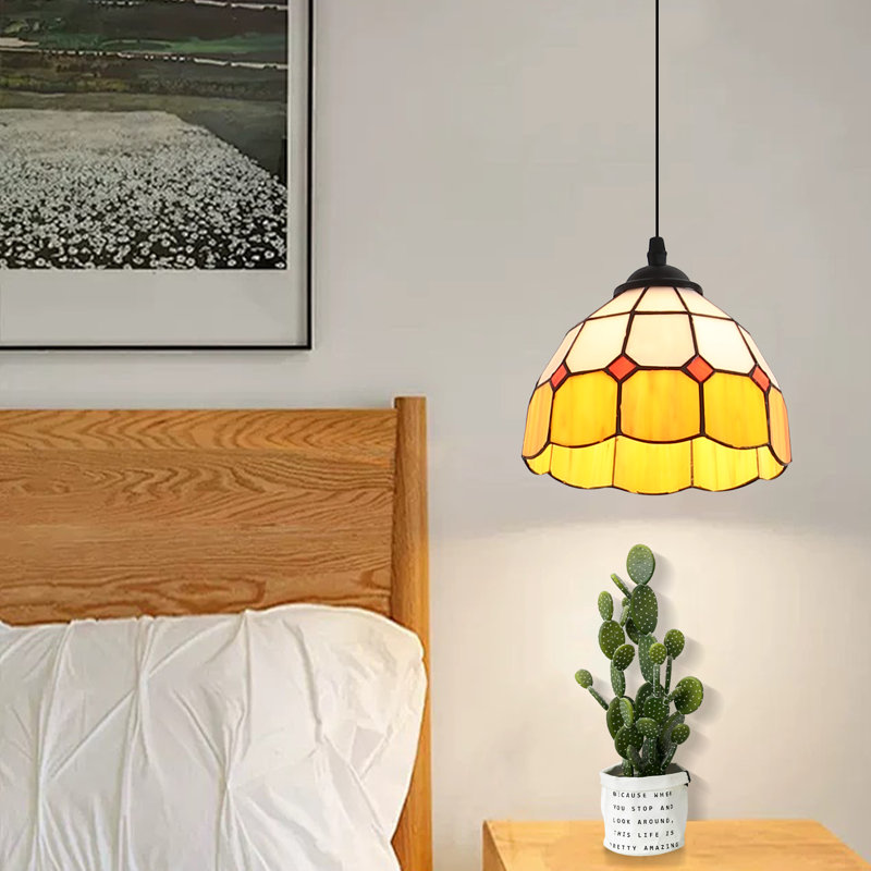 Modern Vintage Tiffany Yellow Glass Style Hanging Pendant Lighting, Adjustable Plug In Chandelier  For Living Room