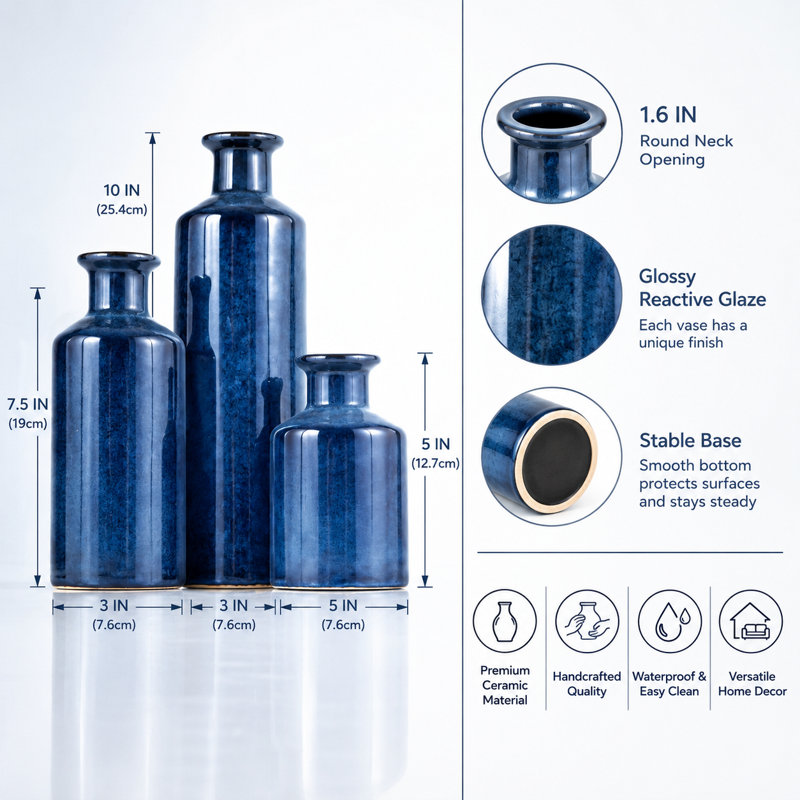 Ensemble de 3 vases en céramique bleue