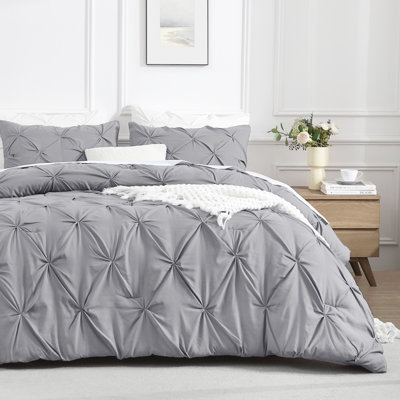 Andency Light Grey King Size Comforter Set, 3 Piece Gray Pinch Pleat Fluffy Lightweight Bedding Set, All Season Soft Microfiber Bed Set