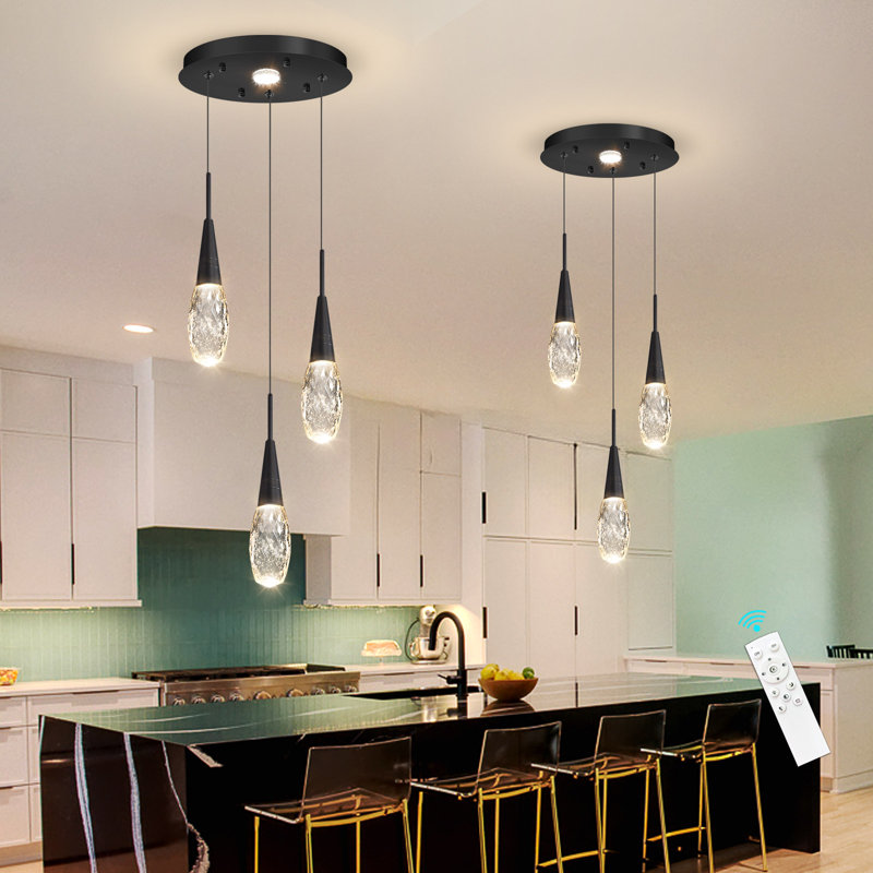 Lustre à 3 lumières à DEL pour îlot de cuisine à intensité variable moderne, Noir mat