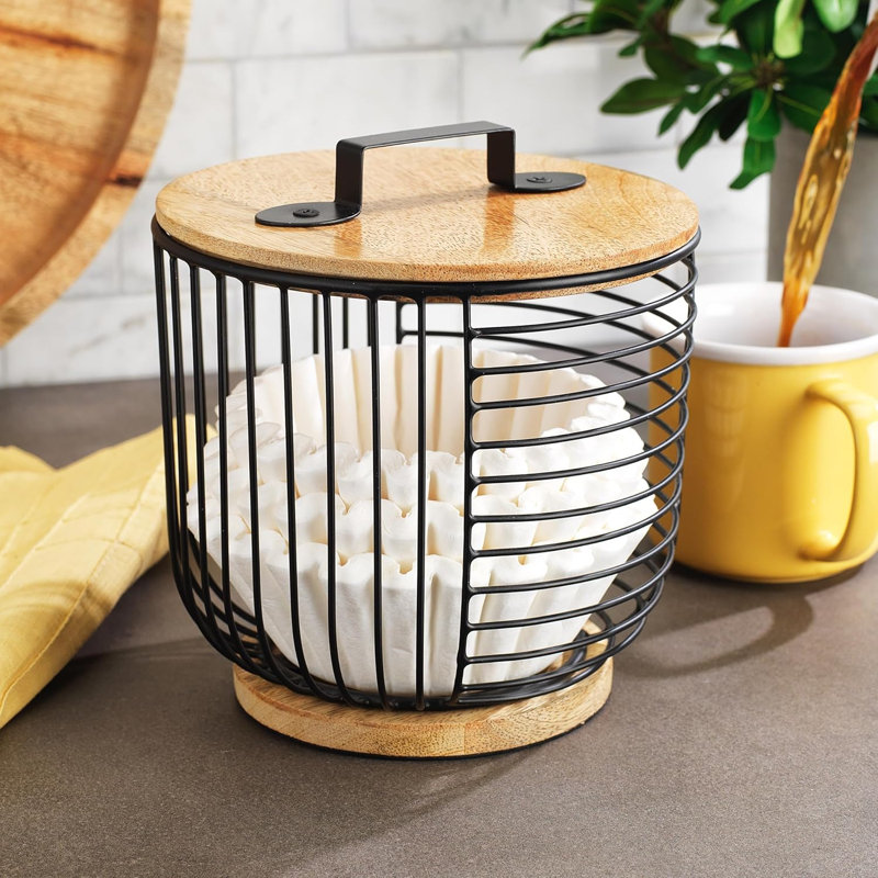 Porte-filtre à café pour comptoir avec couvercle en bois Basket Panier de rangement rond en fil de café noir pour l'organisation du comptoir de cuisine Accessories Accessoires de bar à café