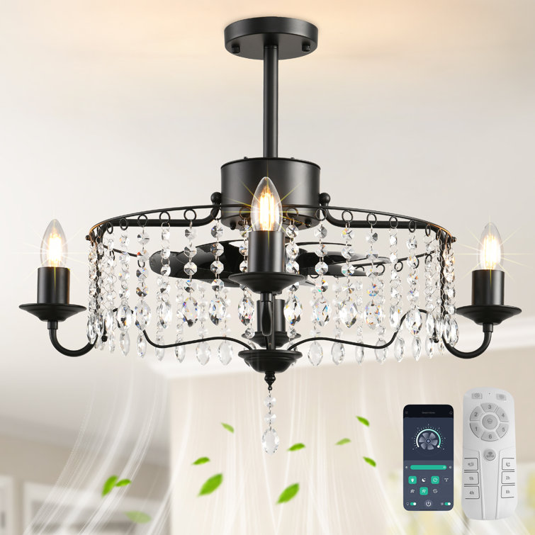 Kassee 19.68'' Black Crystal Chandelier Ceiling Fan with Light Kit and Remote