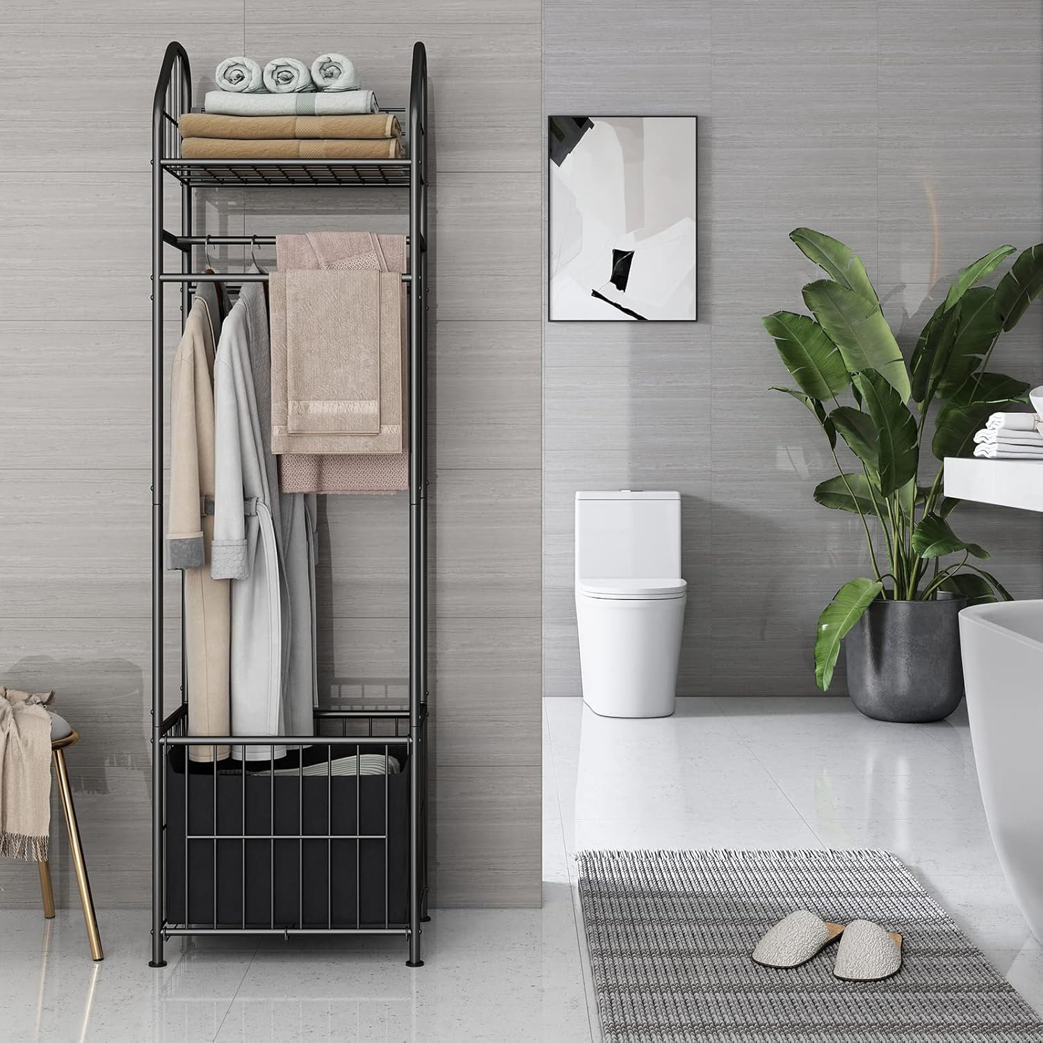 Hokku Designs Towel Rack Standing Bathroom Shelf Laundry Hamper Basket Metal Wire Storage ...