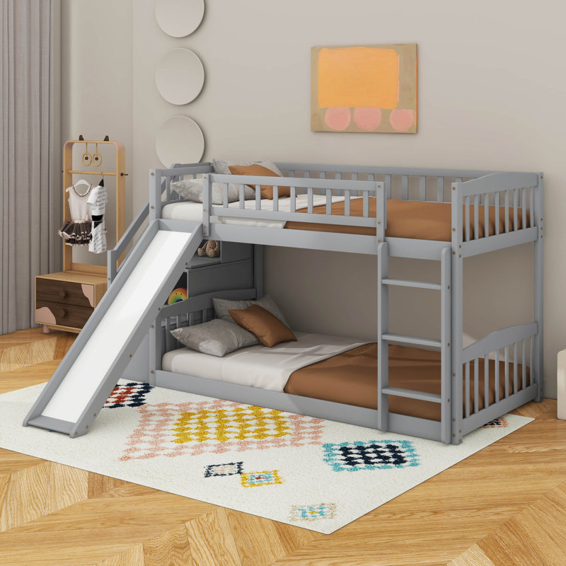 Twin Over Twin Bunk Bed With Slide, Gray