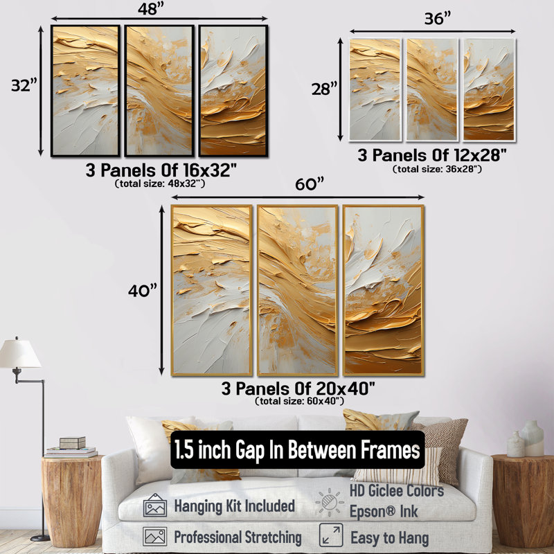 Or et beige, peinture à vagues douces - formes abstraites, ensemble d'art sur toile, H 40 po x l 60 po x P 1 po