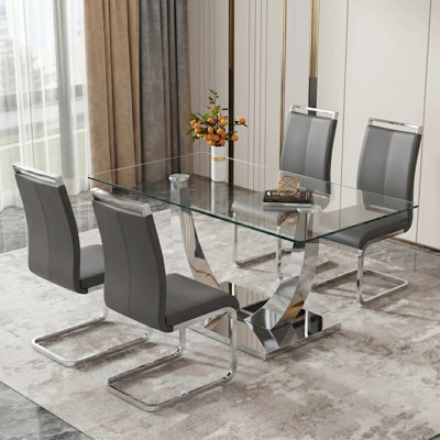 Modern 63" Rectangular Glass Dining Set with Metal Base
