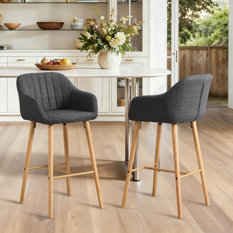 29.5'' Linen Upholstered Bar Stool with Wooden Legs, Black
