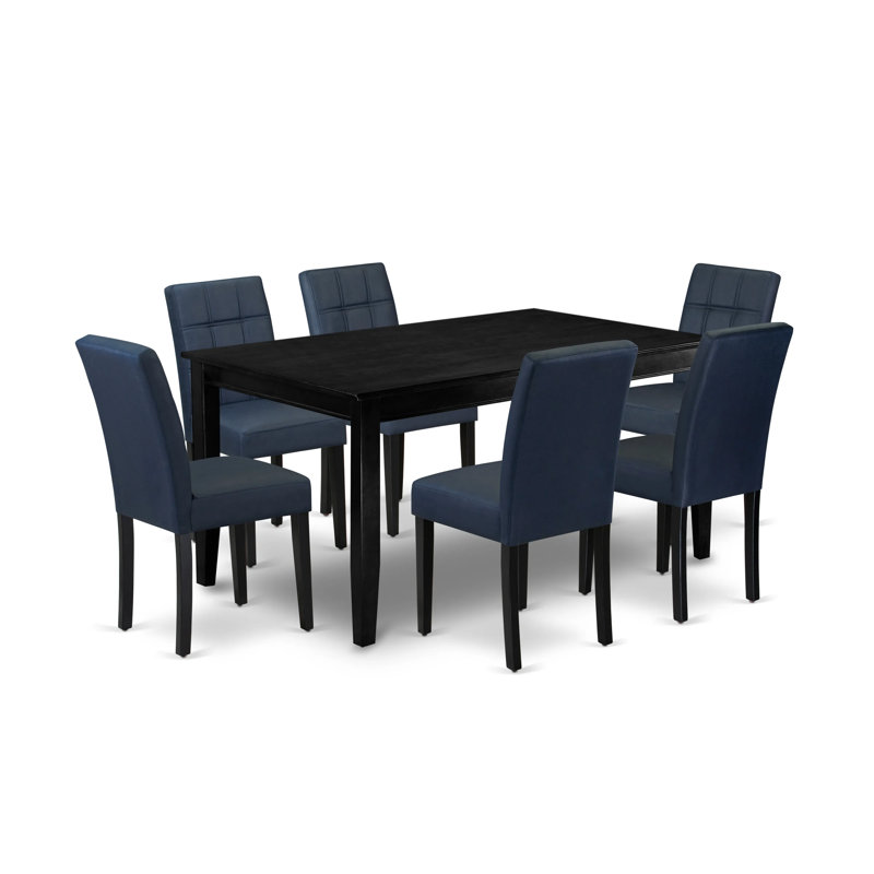 L'ensemble de table de salle à manger 7 pièces contient une table de cuisine et 6 chaises de cuisine en polyester bleu marine foncé avec dossier élégant - finition noire