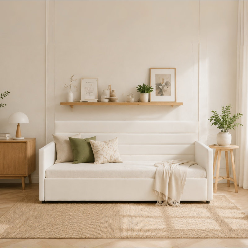 Hydraulic Lift Up Storage Upholstered Daybed, Cream
