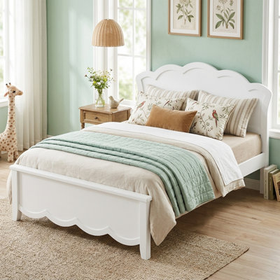White Scalloped Pine Wood Platform Full Size Bed Frame With Headboard And Footboard, No Box Spring Needed, Heavy-Duty Support