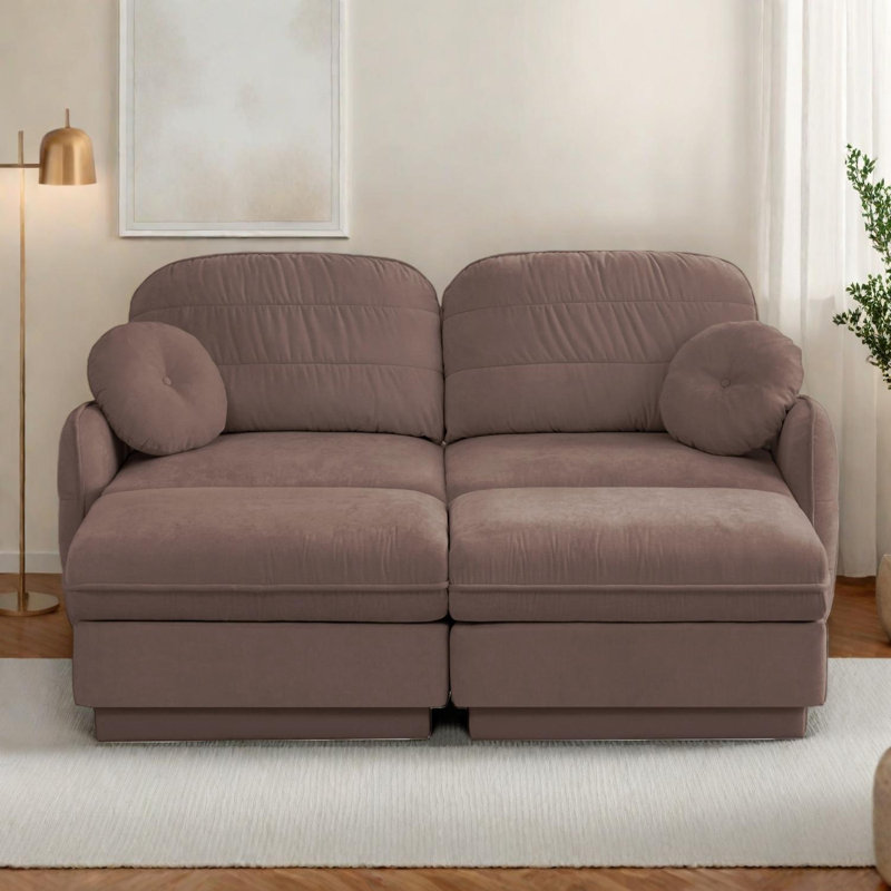 Canapé modulaire en chenille avec repose-pieds mobile, canapé à assise profonde et coussins ronds, Rose poussière